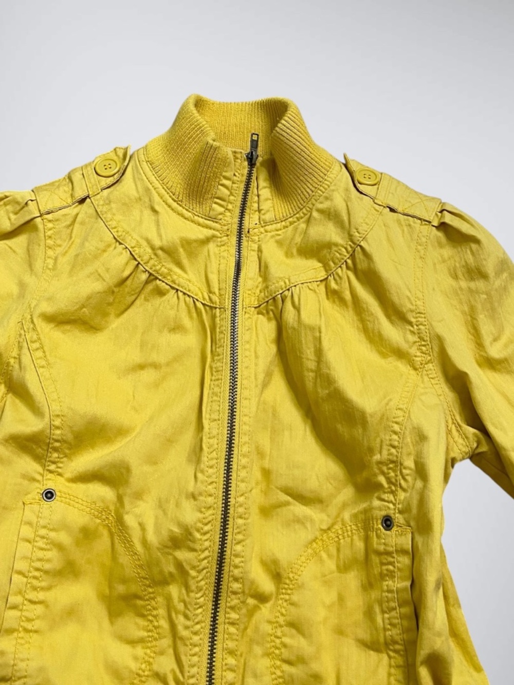 Vtg 2000s Forever 21 Mustard Yellow Utility Zip Up Jacket | Gingham Lined - Picture 3 of 6
